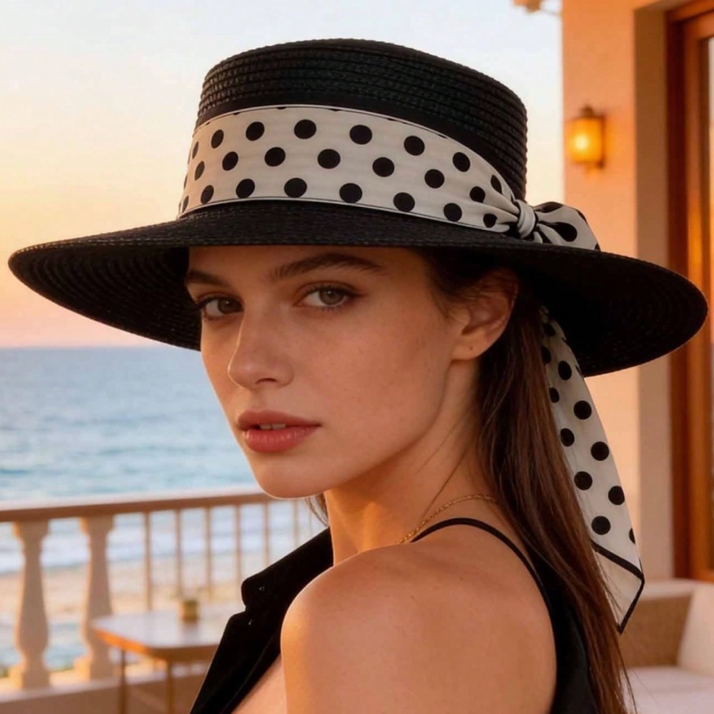 🆕 Flat Top Straw Hat With Polka Dot Ribbon